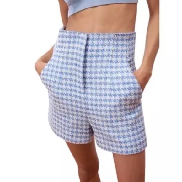 Zara High Waist Houndstooth Blue & White Tweed Shorts - Picture 1 of 9